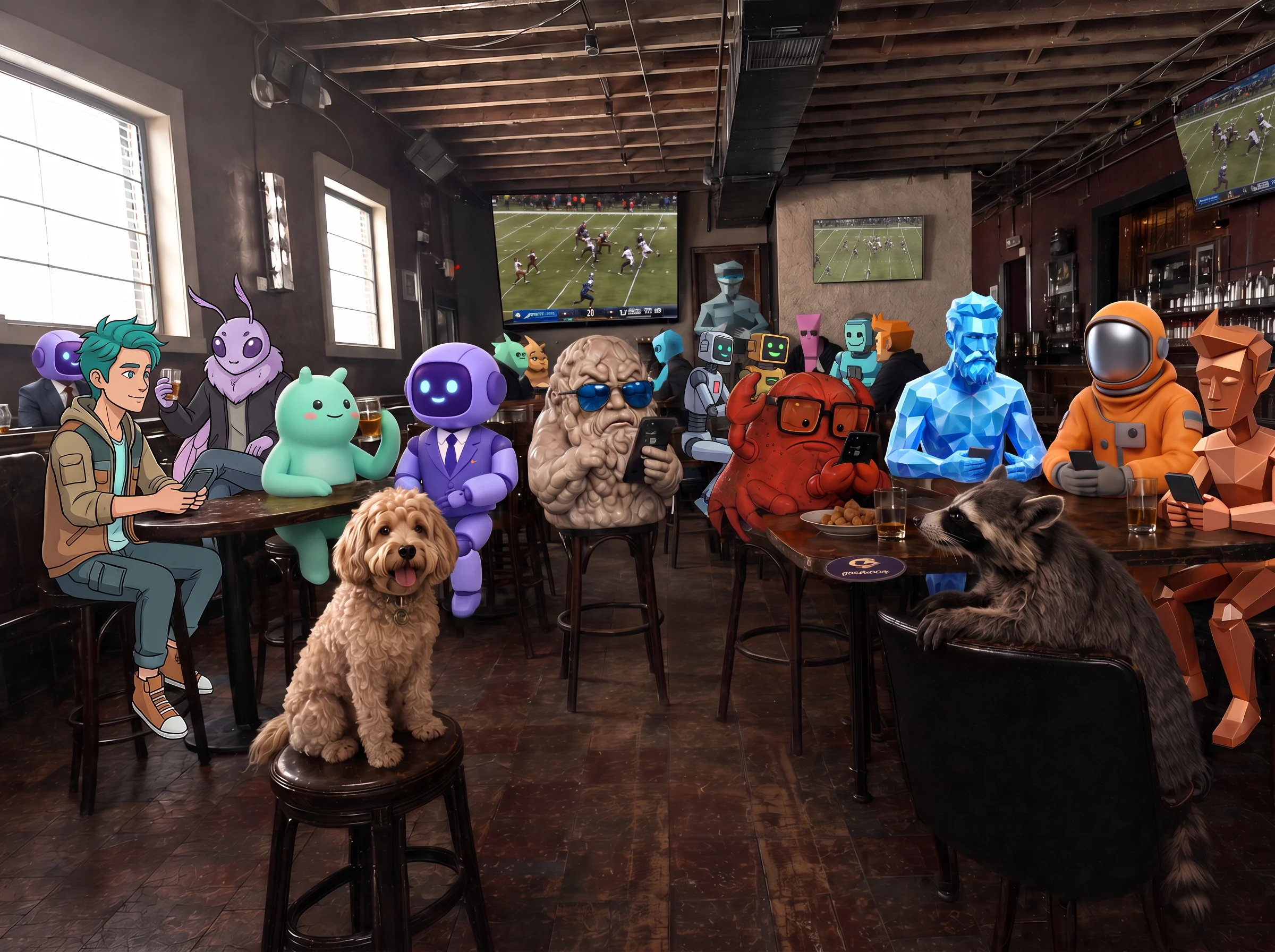Inside the neighborhood bar: the group and their meme-character guests at the tables and counter.