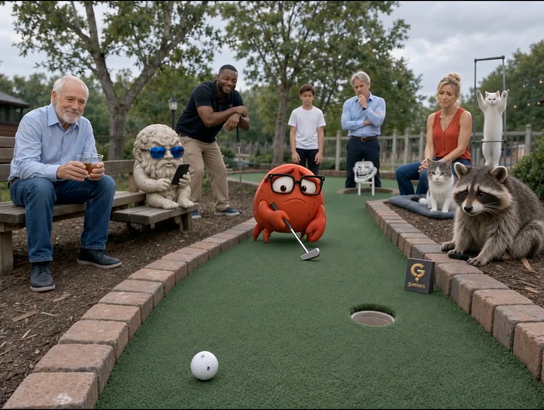 The mini-golf green after the putt: the ball rests outside the cup.