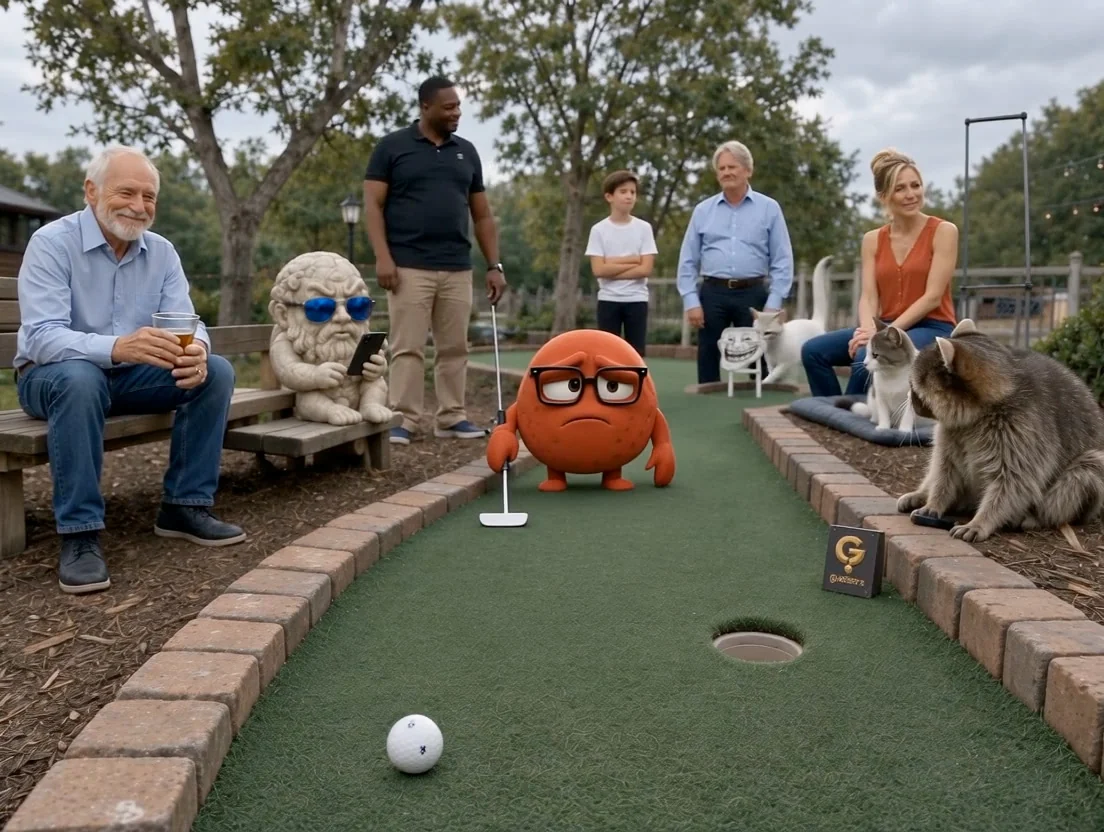 The mini-golf green: the group reacts to the missed putt.
