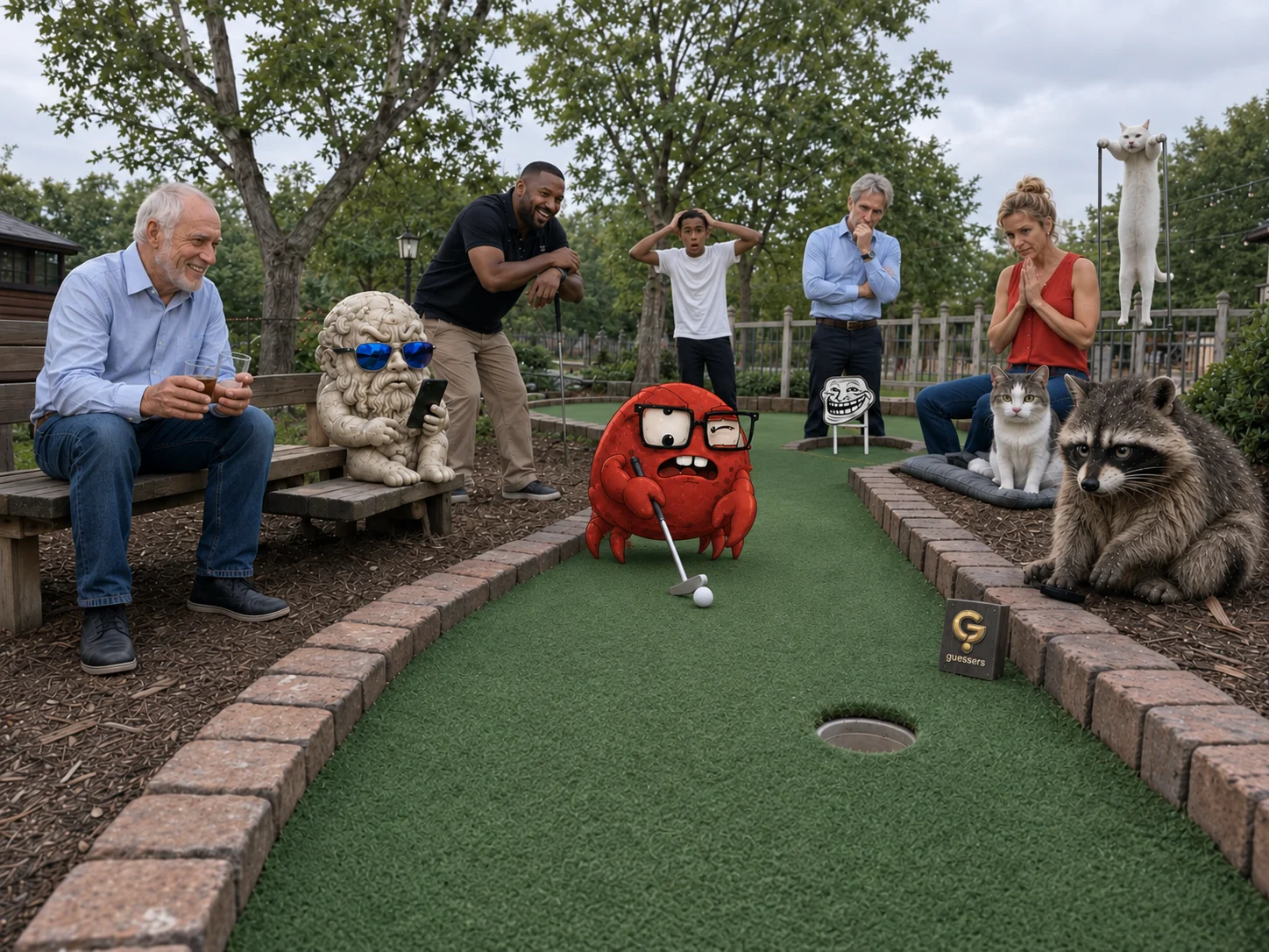 The mini-golf green: the crab lines up the putt while the group watches.