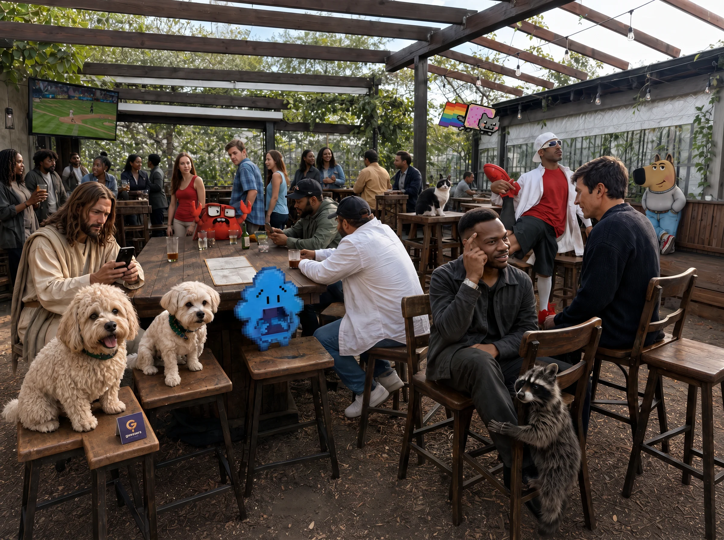 The covered patio behind the bar where the group gathers at long tables.