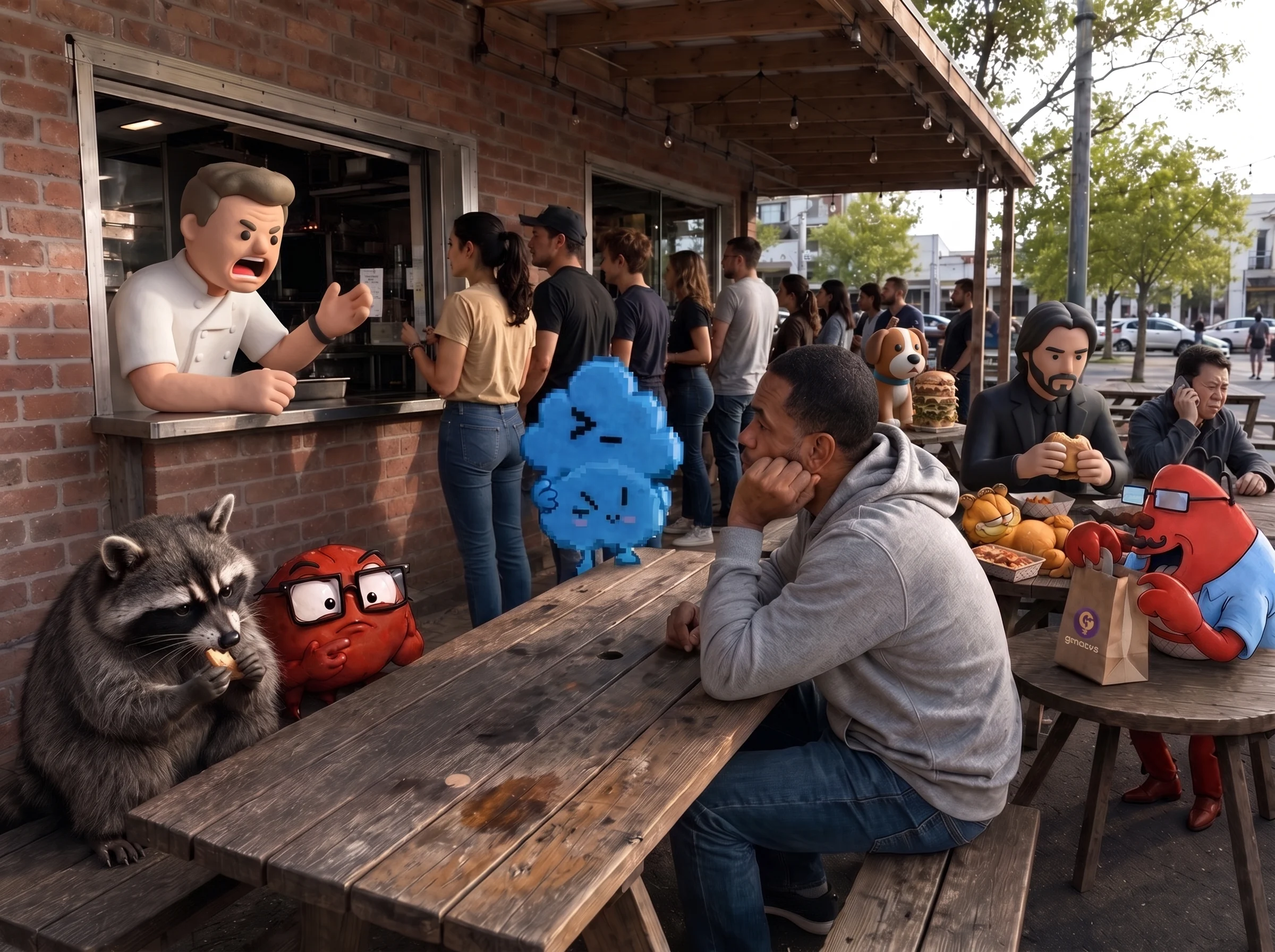 The takeout window and picnic tables where the burger is redeemed.